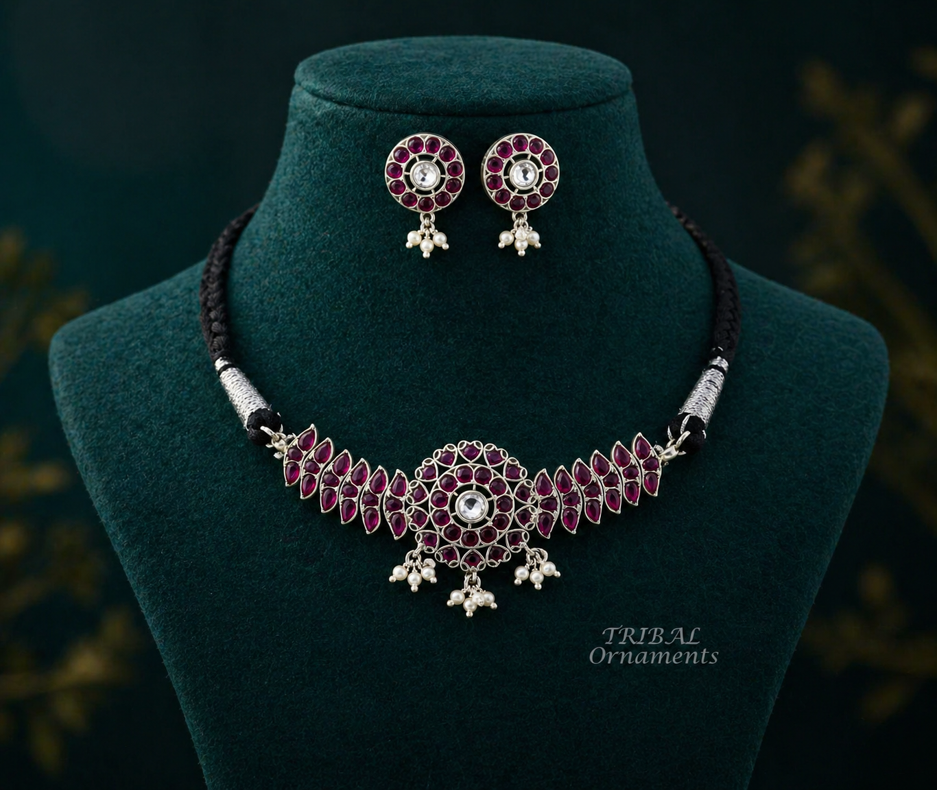 Sterling silver fancy red gemstone necklace choker with intricate design, ideal for belly dance and special occasions.