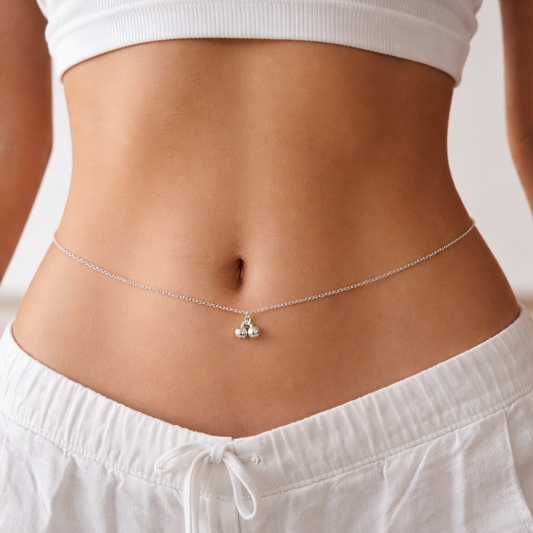 Sterling silver handmade link chain belly and waist chain with intricate tribal design, perfect for dance and saree jewelry.
