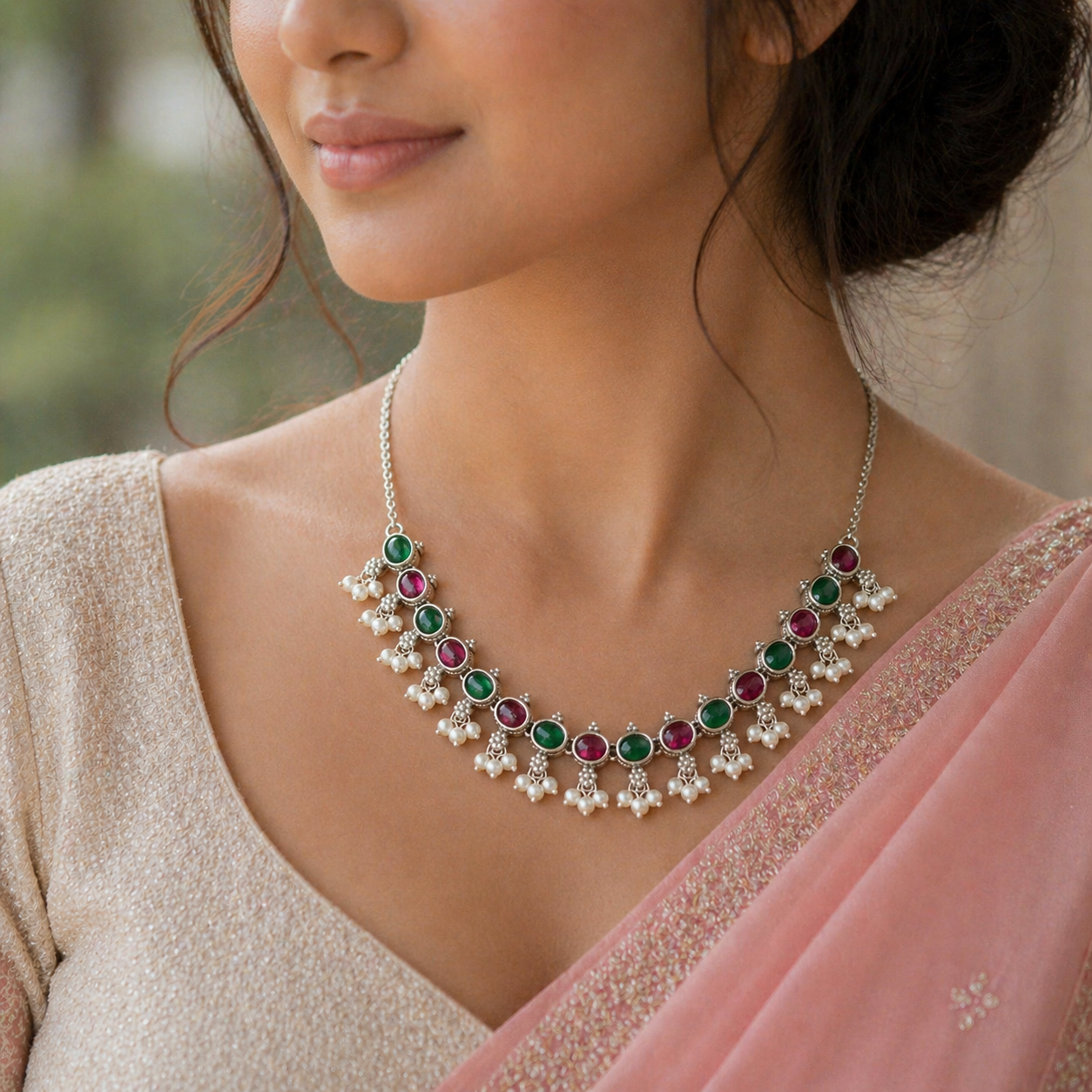Sterling silver necklace with red and green stones, pearls, and charms, perfect for weddings and special occasions.