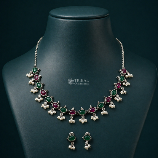 Sterling silver necklace with red and green stones, pearls, intricate design from TRIBAL ORNAMENTS, ideal for weddings or bridal jewelry