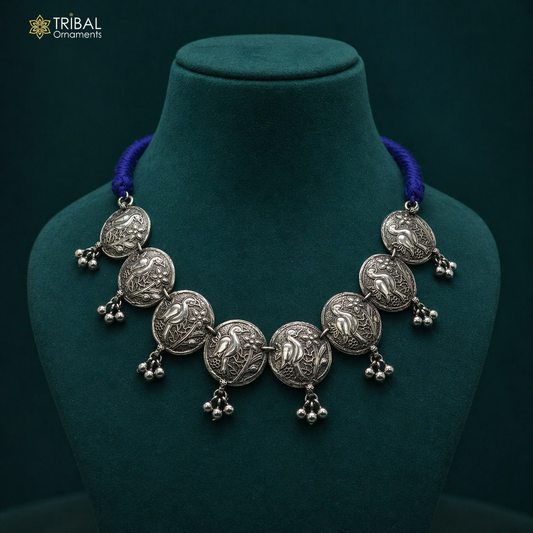 Sterling silver handmade peacock design pendant on a stylish necklace, perfect for brides and belly dance costumes.