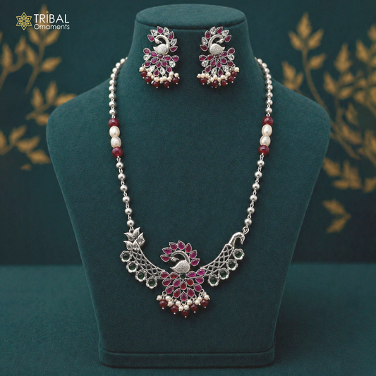 Sterling silver handmade peacock pendant necklace with beaded chain, traditional trendy design for brides and belly dance costumes.