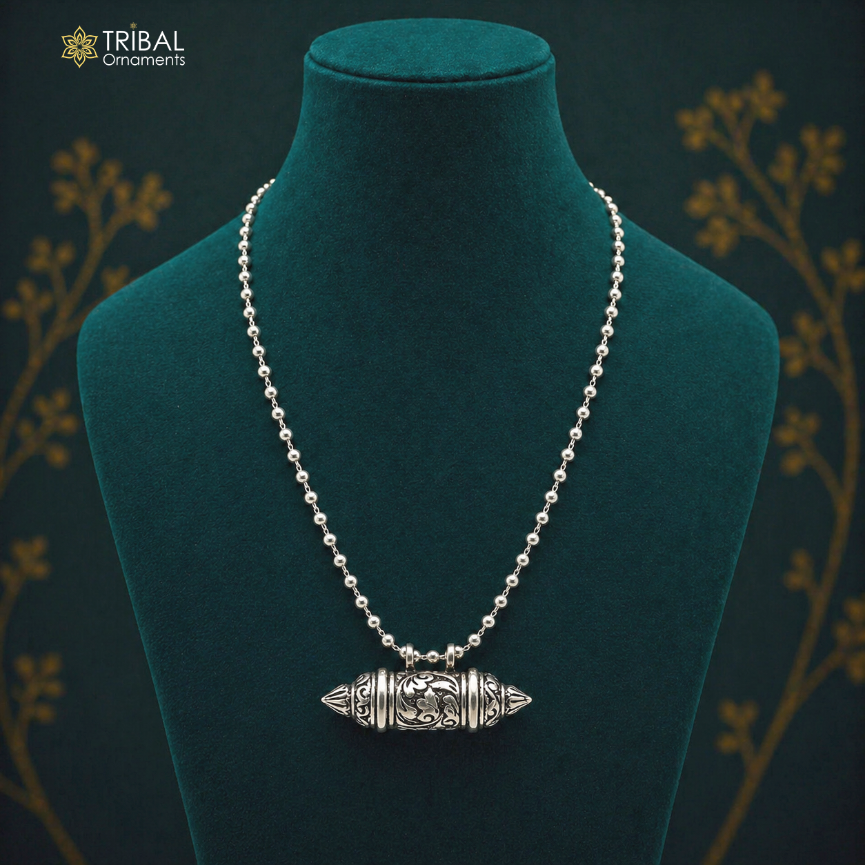 Sterling silver vintage amulet box pendant on beaded tribal necklace with ethnic mantra design by TRIBAL ORNAMENTS.