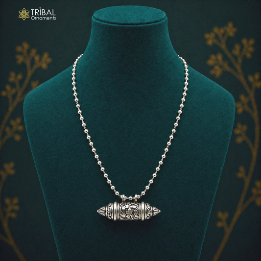 Sterling silver vintage amulet box pendant on beaded tribal necklace with ethnic mantra design by TRIBAL ORNAMENTS.