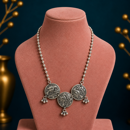 Sterling silver handmade vintage beaded chain necklace with peacock pendant and hanging drops, tribal long jewelry set by TRIBAL ORNAMENTS.