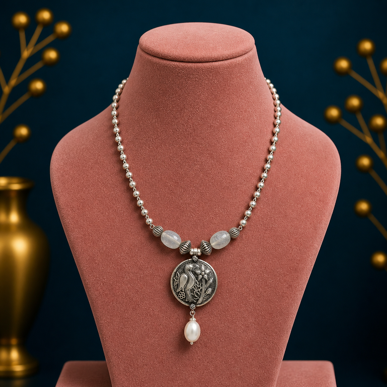 Sterling silver handmade vintage beaded chain necklace with peacock pendant and hanging drops, tribal long jewelry set by TRIBAL ORNAMENTS.