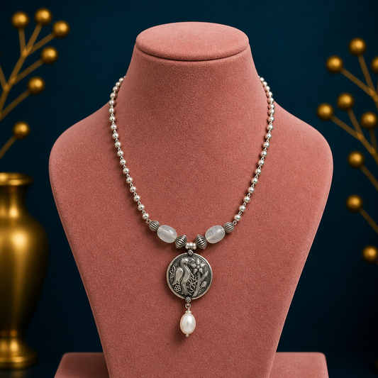 Sterling silver handmade vintage beaded chain necklace with peacock pendant and hanging drops, tribal long jewelry set by TRIBAL ORNAMENTS.