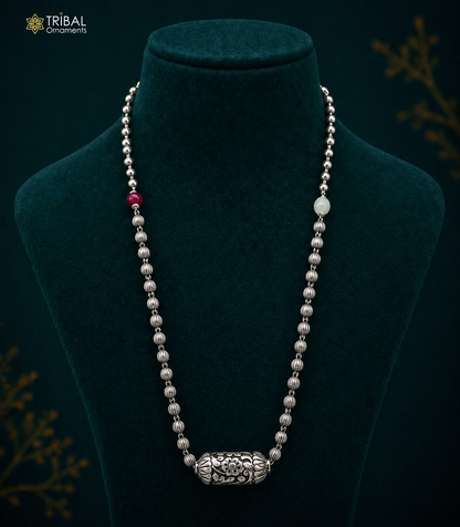 925 sterling silver vintage beaded long necklace with ethnic charms, stylish design by TRIBAL ORNAMENTS for wedding and traditional occasions