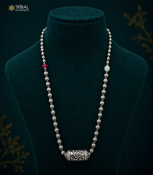 925 sterling silver vintage beaded long necklace with ethnic charms, stylish design by TRIBAL ORNAMENTS for wedding and traditional occasions