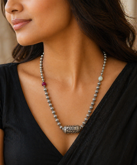 Sterling silver vintage beaded long necklace with Guttapusalu charms and ethnic design, handcrafted by TRIBAL ORNAMENTS.