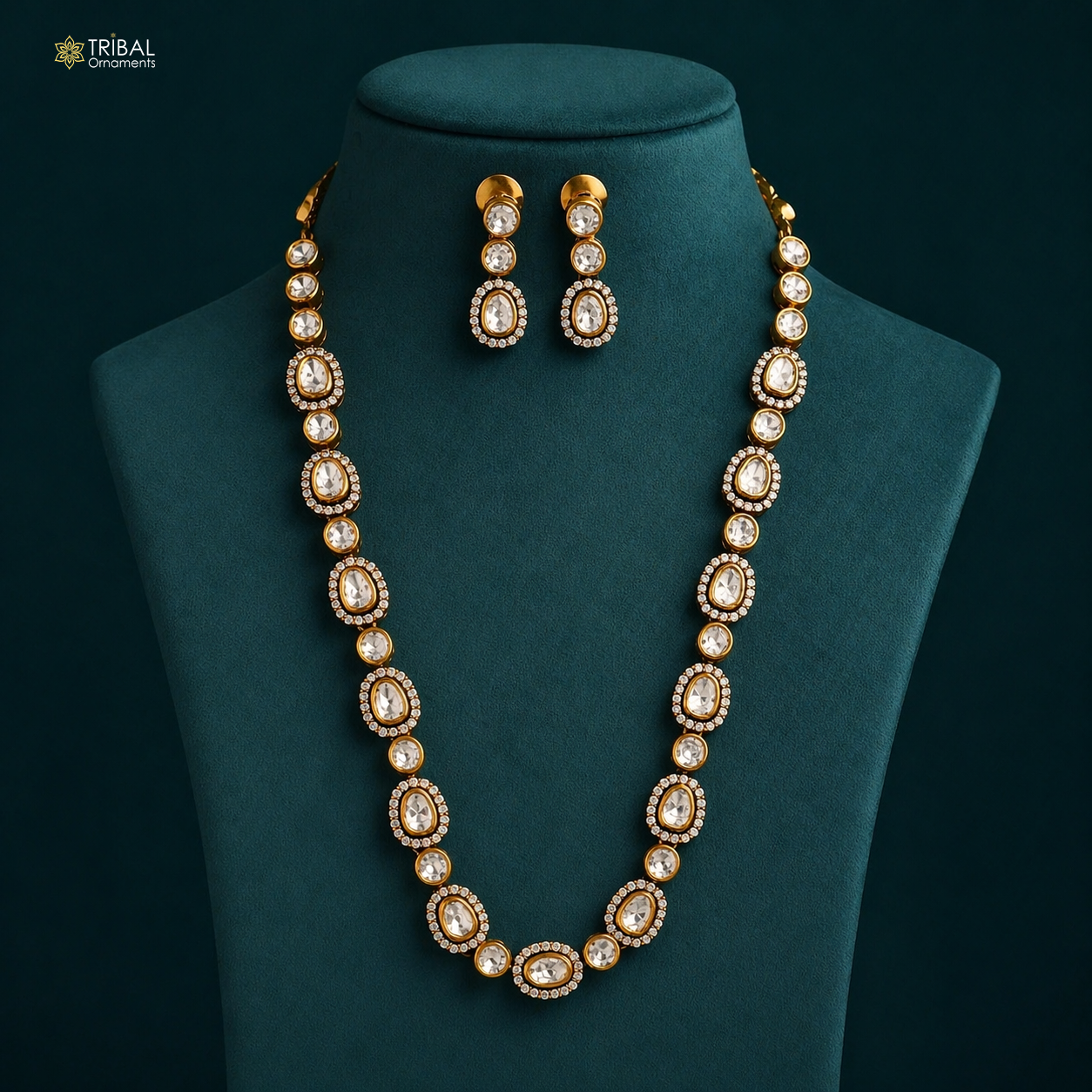 Sterling silver kundan stone and polki charm necklace set with white stones, stylish jewelry by TRIBAL ORNAMENTS