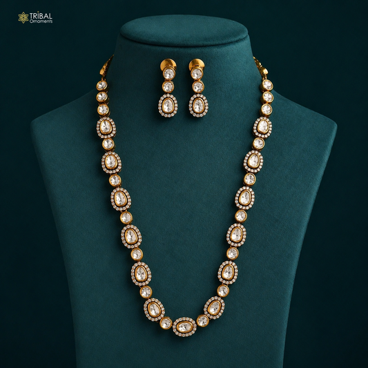 Sterling silver kundan stone and polki charm necklace set with white stones, stylish jewelry by TRIBAL ORNAMENTS