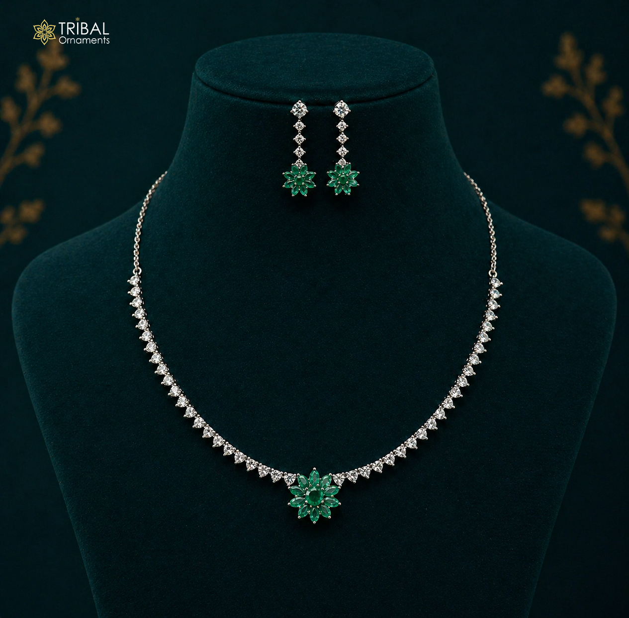 Sterling silver necklace with green cubic zirconia stones, handcrafted tribal design, ideal for weddings and special occasions.
