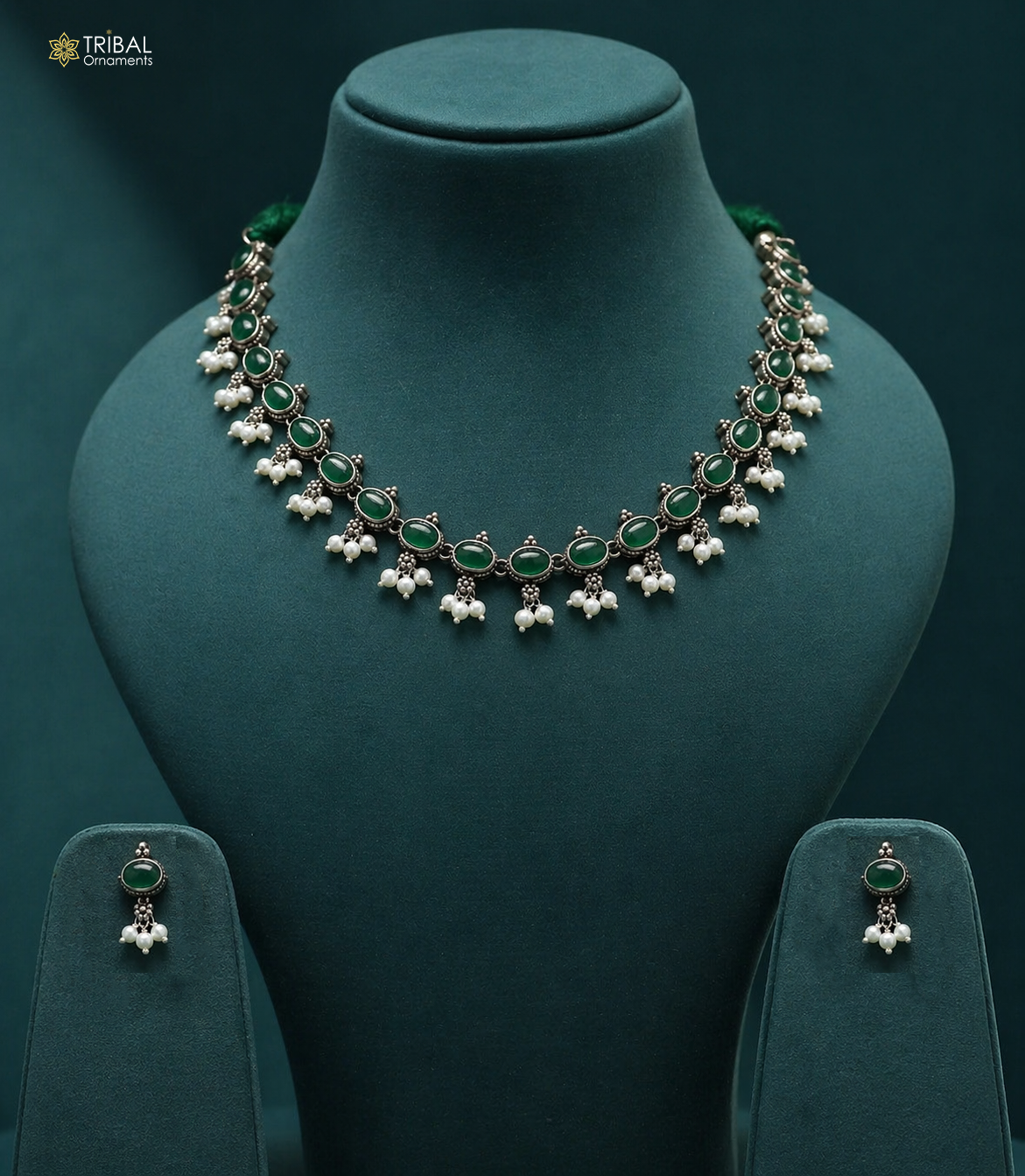 Sterling silver necklace with green stone and pearl accents, handmade wedding jewelry by TRIBAL ORNAMENTS.