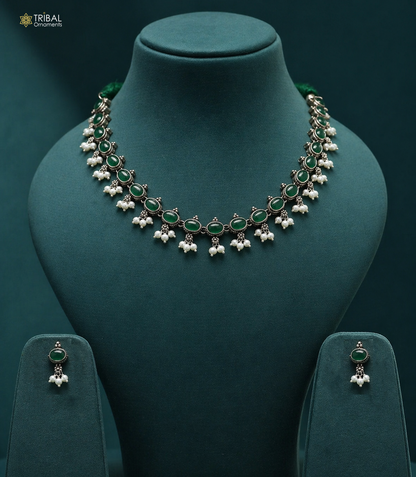 Sterling silver necklace with green stone and pearl accents, handmade wedding jewelry by TRIBAL ORNAMENTS.