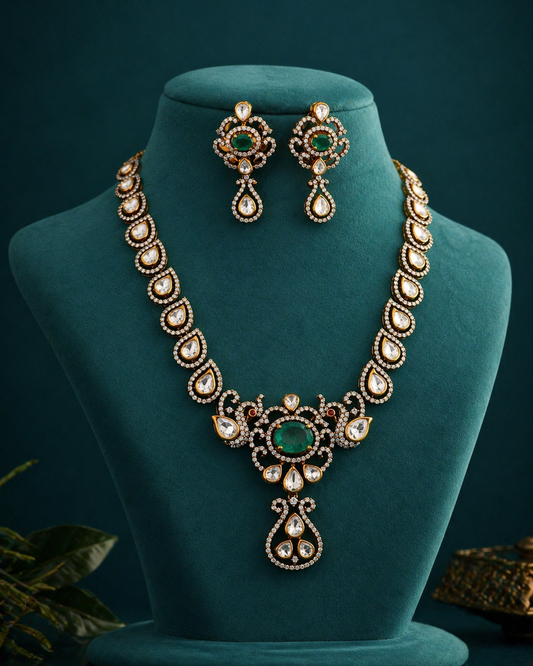 Sterling silver stylish kundan stone polki charm necklace set with intricate design, perfect for traditional jewelry looks.