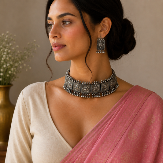 Sterling silver tribal choker necklace with traditional cultural design, trendy fit, ideal for wedding jewelry from TRIBAL ORNAMENTS