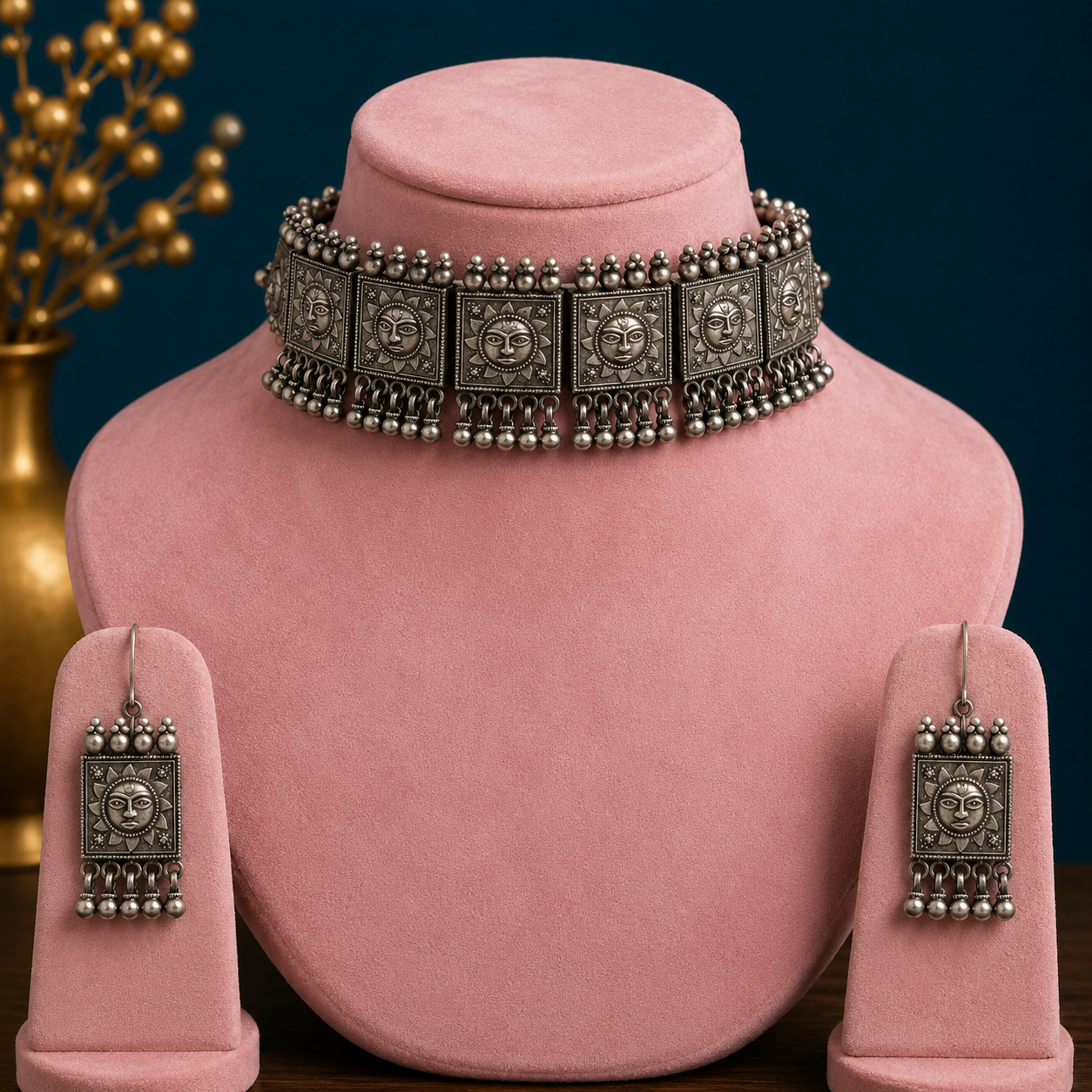 Sterling silver tribal choker necklace with traditional ethnic design, trendy fit, ideal for wedding jewelry or cultural occasions.