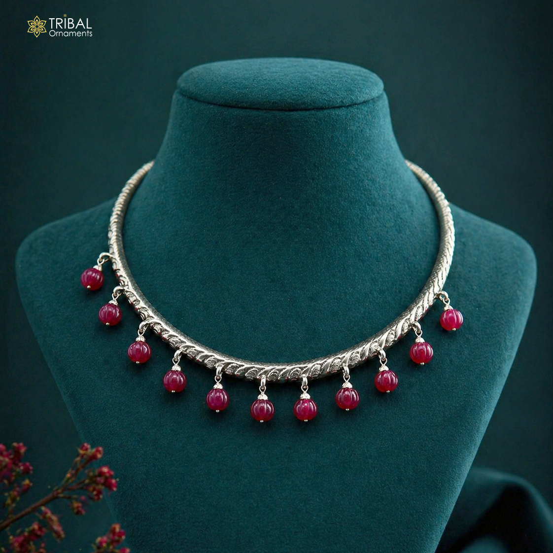 Sterling silver tribal choker necklace with vintage chitai work, traditional ethnic design, perfect for belly dance or Banjara jewelry.