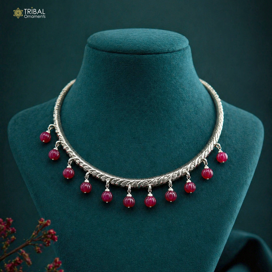 Sterling silver tribal choker necklace with vintage chitai work, traditional ethnic design, perfect for belly dance or Banjara jewelry.