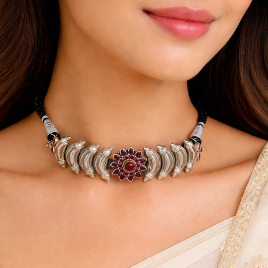 Sterling silver tribal choker necklace with vintage ethnic design, intricate work for tribal dance or wedding jewelry set.