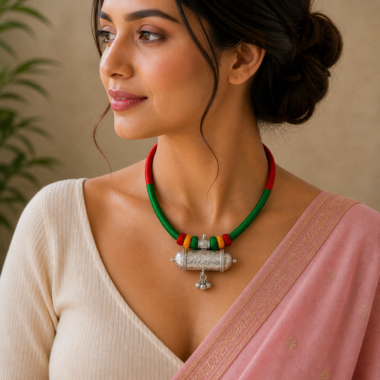 Sterling silver tribal pendant with ethnic design on a thread necklace, part of traditional bridal jewelry set by TRIBAL ORNAMENTS
