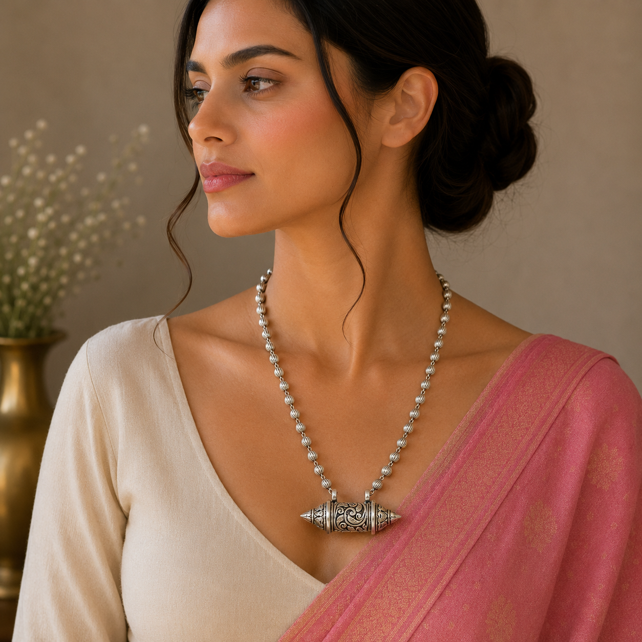 Sterling silver vintage amulet box pendant necklace with tribal design, handcrafted tribal ornament jewelry from Rajasthan.