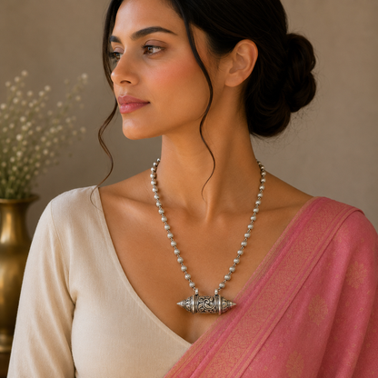 Sterling silver vintage amulet box pendant necklace with tribal design, handcrafted tribal ornament jewelry from Rajasthan.