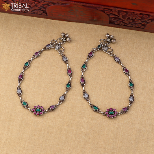 Sterling silver vintage anklet with colorful stones, featuring multi-color bead accents for foot jewelry and belly dance accessories.