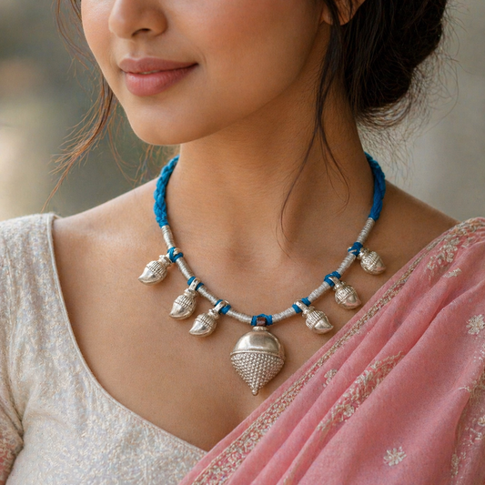 Sterling silver vintage tribal necklace with intricate design, perfect for belly dance jewelry and stylish tribal accessories.