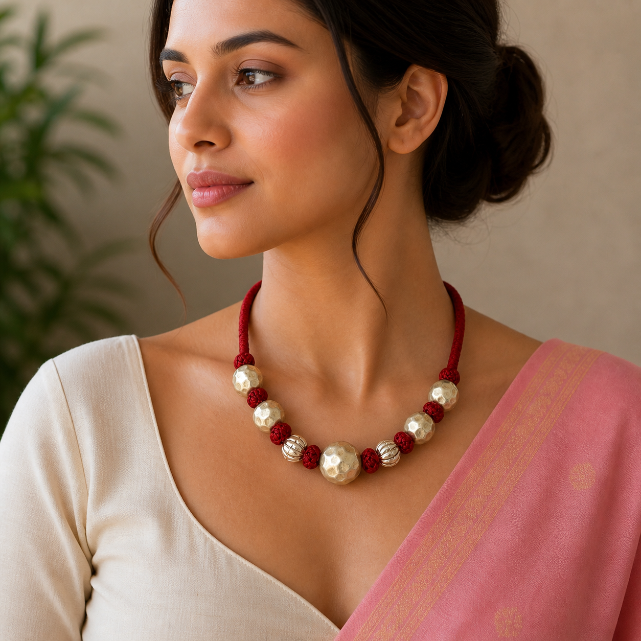Sterling silver vintage beaded necklace by TRIBAL ORNAMENTS, stylish ethnic choker for weddings and brides gifting.
