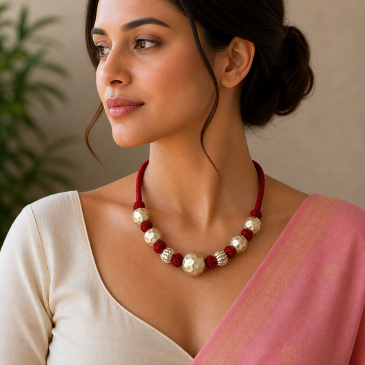 Sterling silver vintage beaded necklace by TRIBAL ORNAMENTS, stylish ethnic choker for weddings and brides gifting.