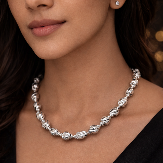 Sterling silver vintage beaded necklace by TRIBAL ORNAMENTS, stylish wedding jewelry, custom choker with intricate design and beaded details.