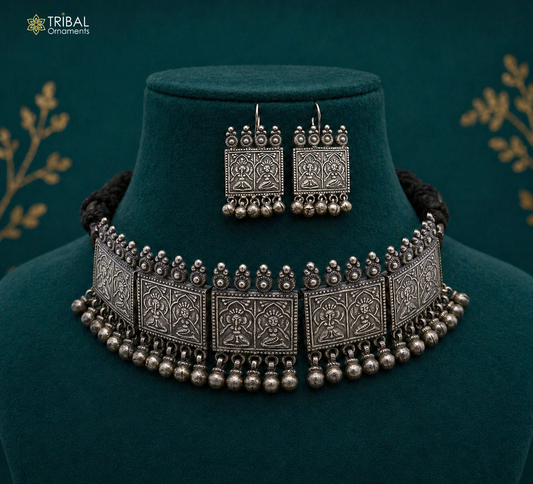 Sterling silver vintage deity design necklace set with intricate details, perfect for brides and belly dance accessories.