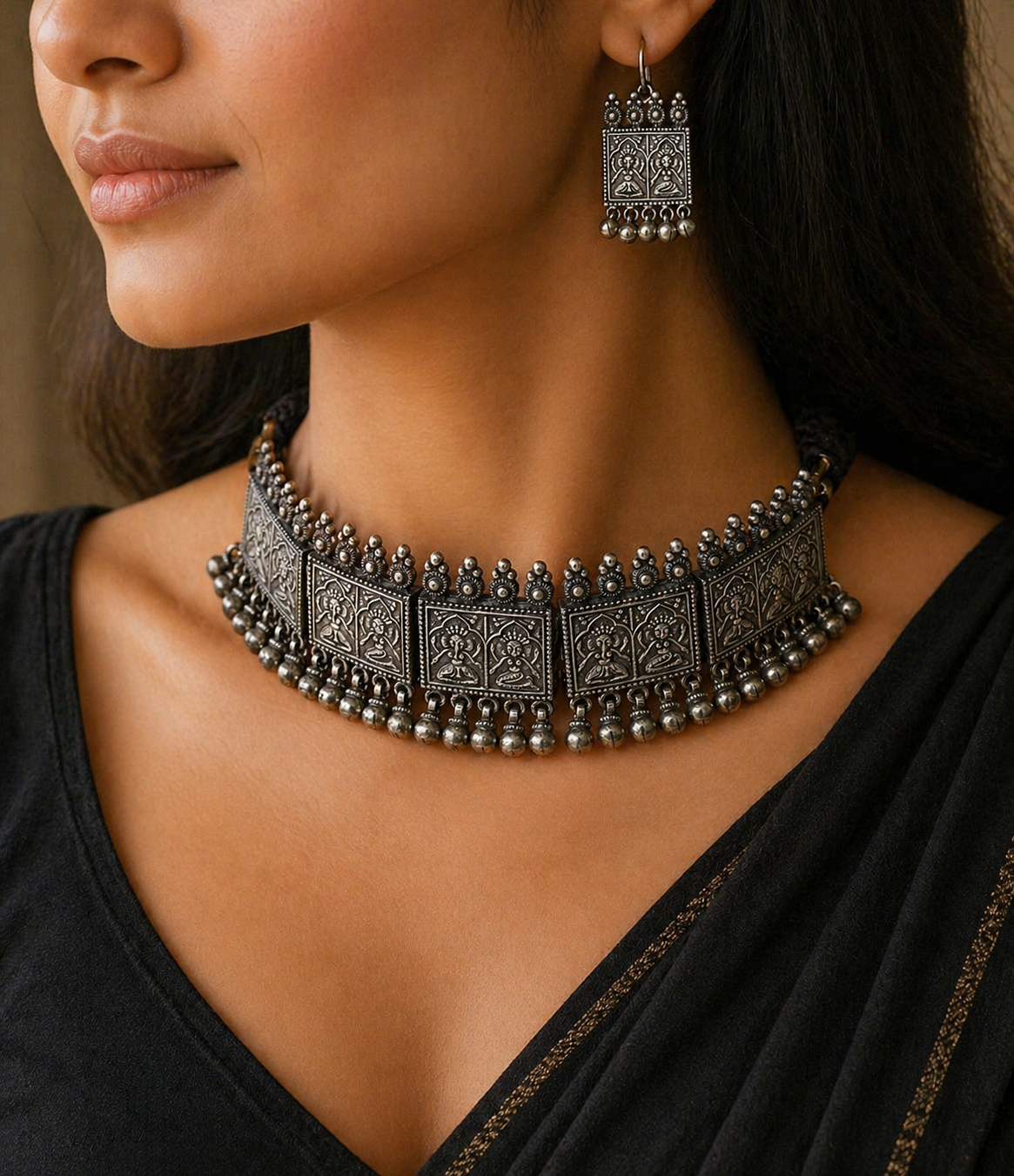 Sterling silver vintage deity design necklace with intricate details, handcrafted by TRIBAL ORNAMENTS, perfect for brides and belly dance.