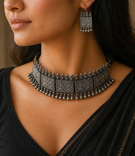 Sterling silver vintage deity design necklace with intricate details, handcrafted by TRIBAL ORNAMENTS, perfect for brides and belly dance.