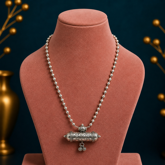 Sterling silver vintage tribal pendant necklace with hanging bells, part of ethnic jewelry set by TRIBAL ORNAMENTS.