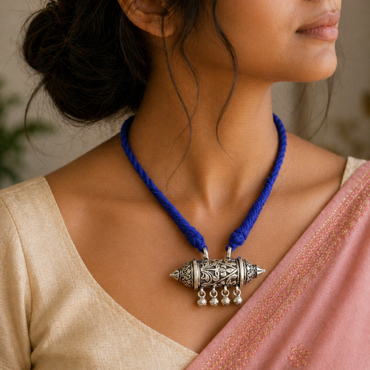 Sterling silver vintage tribal pendant with hanging bells, handcrafted Rajasthani jewelry, antique design from Tribal Ornaments.