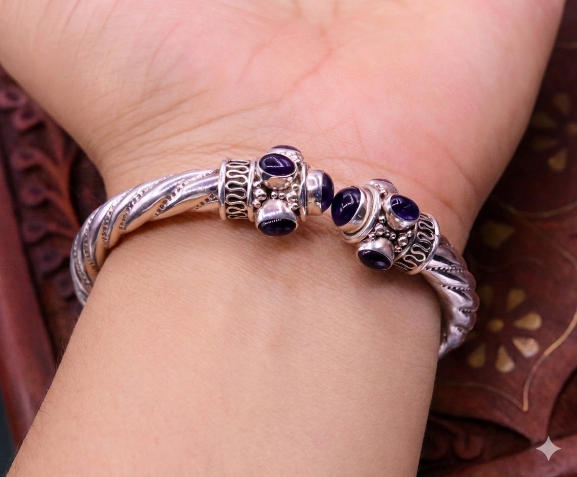Sterling silver vintage-style purple amethyst gemstone bangle cuff bracelet with unisex design from TRIBAL ORNAMENTS.
