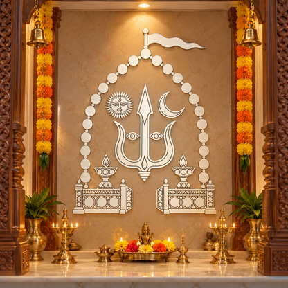 Symmetrical brass bell for Hindu shrine, traditional temple decor, suitable for pooja room wall art, from TRIBAL ORNAMENTS.