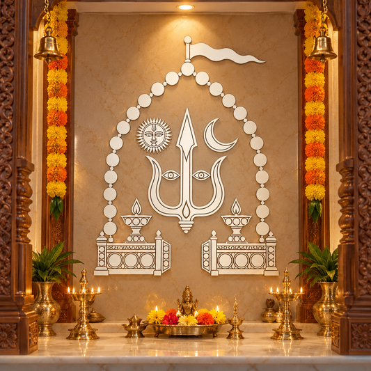 Symmetrical brass bell for Hindu shrine, traditional temple decor, suitable for pooja room wall art, from TRIBAL ORNAMENTS.