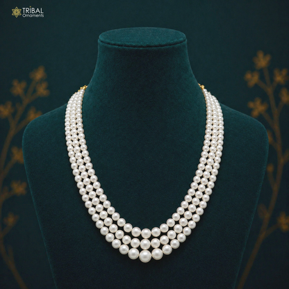 Three-layer string necklace with 312 carats of freshwater pearls, 4-9mm, elegant jewelry for weddings or daily wear.