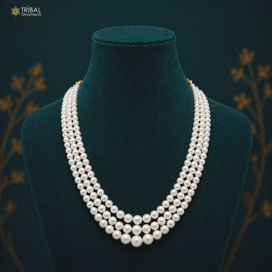 Three-layer string necklace with 312 carats of freshwater pearls, 4-9mm, elegant jewelry for weddings or daily wear.