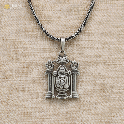 Sterling silver Tirupati Bala Ji pendant with chain, tribal jewelry featuring detailed religious deity design.