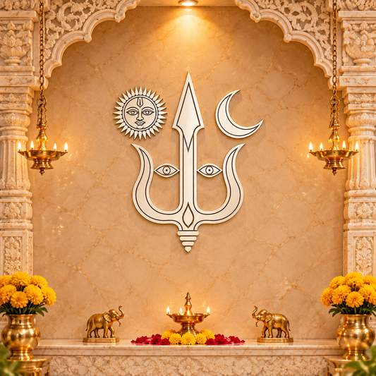 925 Sterling Silver Kuldevi Diyadi Mata wall art featuring Trishul, Sun, and Moon symbols for Hindu temple or pooja room decor.