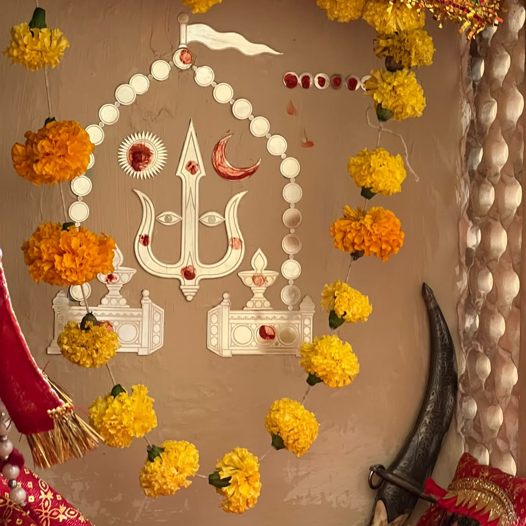 925 silver Kuldevi wall art featuring Hindu goddess symbol with trishul, sun, and moon for temple decor or pooja room display