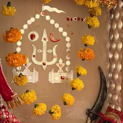 925 silver Kuldevi wall art featuring Hindu goddess symbol with trishul, sun, and moon for temple decor or pooja room display