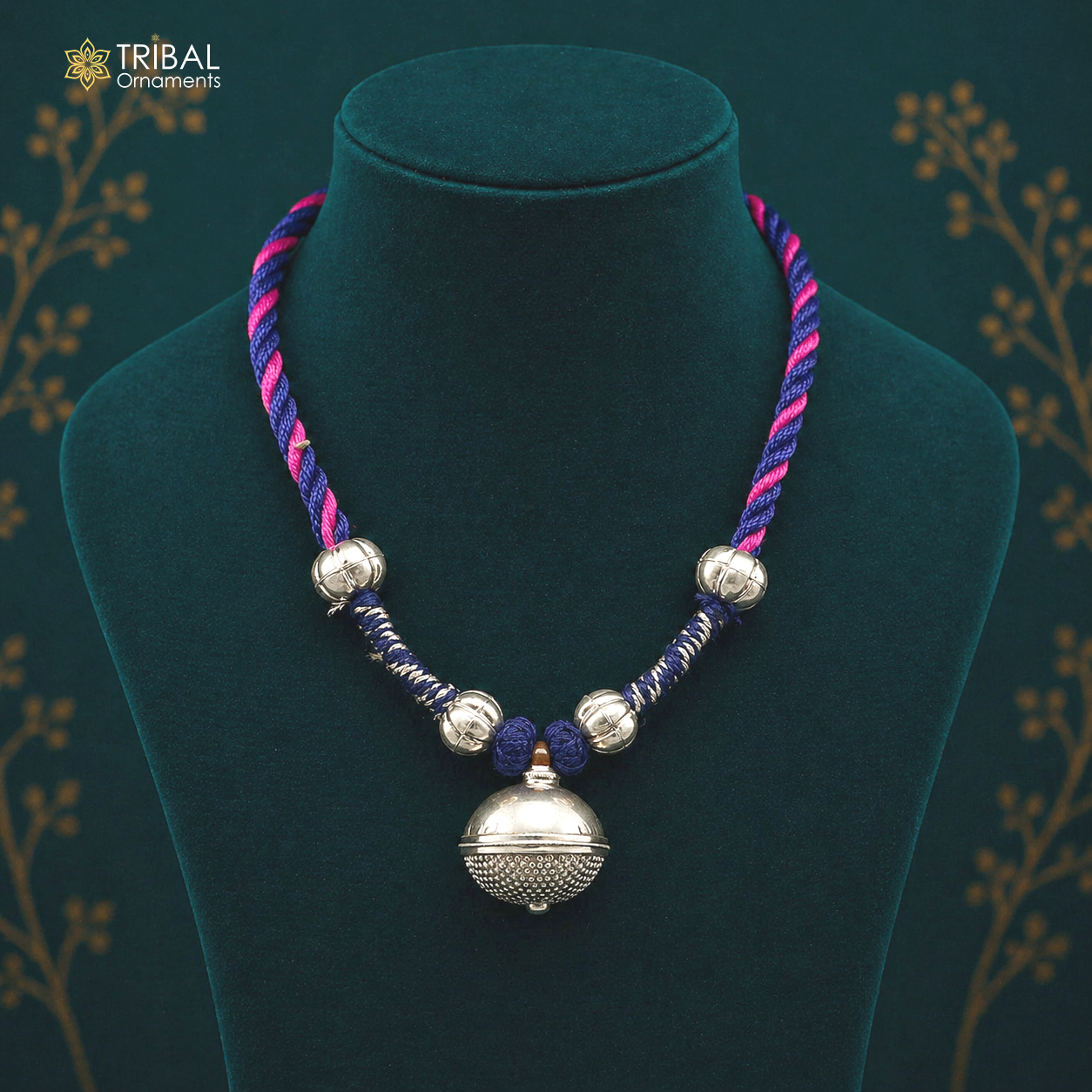 Vintage Indian sterling silver charm necklace with tribal design, ideal as a wedding choker or tribal bride jewelry set.
