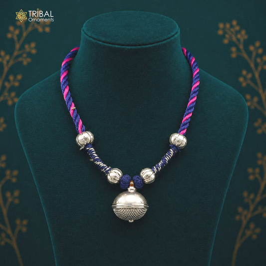 Vintage Indian sterling silver charm necklace with tribal design, ideal as a wedding choker or tribal bride jewelry set.