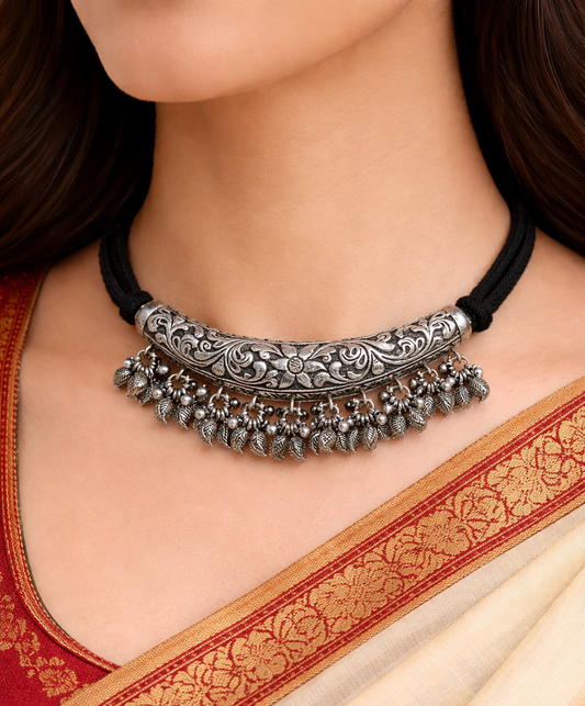 Vintage Indian sterling silver charm necklace with traditional chitai and kandrai work, tribal jewelry choker with intricate designs